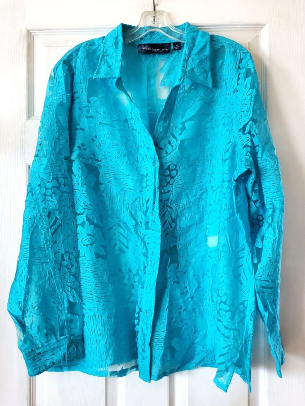 VINTAGE SUSAN GRAVER STYLE SHEER LACE BLUE FLORAL BUTTON UP BLOUSE SIZE XL NWOT